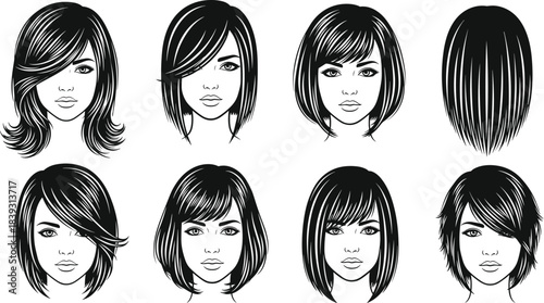 Collection of illustrated female portraits featuring various short and medium hairstyles, fashionable haircuts, detailed line art for beauty, salon, and design projects