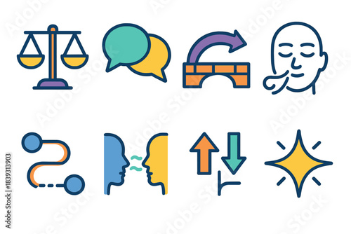 Conflict Resolution Icons. Conflict-Healthy Communication flat set: balance scale, dialogue bubble, bridging arrow, calm breath icon, resolution path, understanding line, split-and
