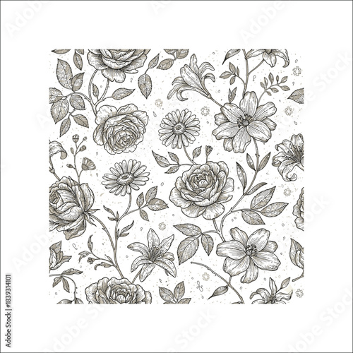 Vintage etching floral pattern with botanical elements
