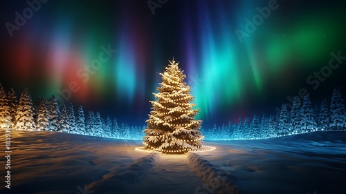 Christmas tree glowing under aurora borealis in snowy forest