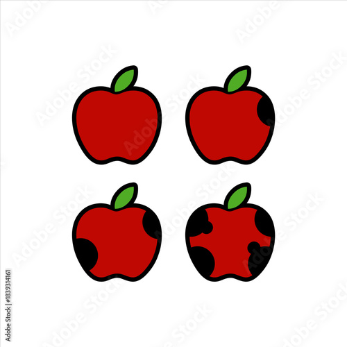 Four red apples showing various stages of decay and spoilage.