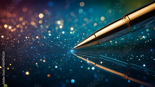 Elegant pen point with brilliant light on sparkling blue surface