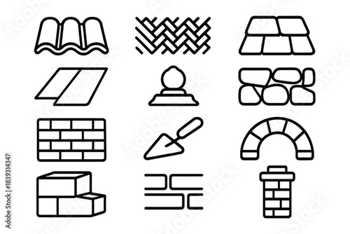 Roof & Stonework Icons. Roof & Stonework Icons linear set: clay tile strip, woven thatch row, shingle plate, slate sheet, ridge finial, stone masonry cut, brick grid, mortar knife,