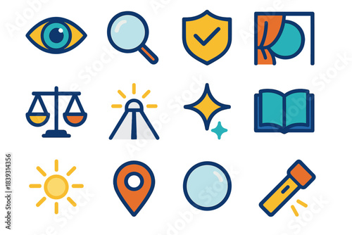 Minimal Truth Icons. Truth Icons flat set: open eye, clear lens, honesty badge, unveiled symbol, balanced scale, straight path, clarity spark, open book, pure light, fact marker,