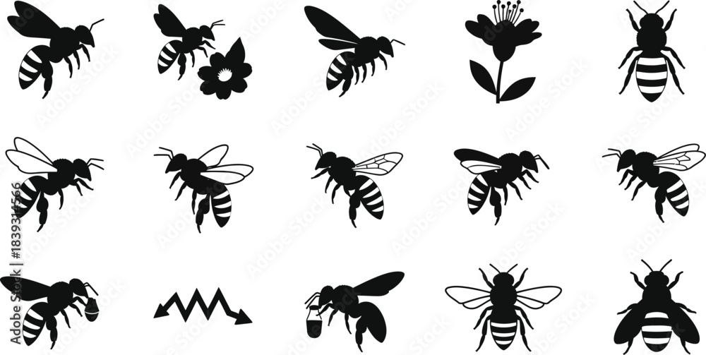 Naklejka premium Collection of black and white bee illustrations in various poses and flying