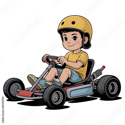 A young boy joyfully driving a go-kart and wearing a safety helmet