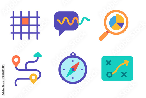 Icons of Modern Abilities. Next-Gen Abilities flat set: systems view grid, communication wave, analytic lens, learning pathway, ethical compass, strategic map.