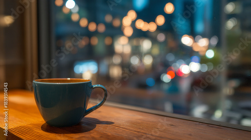 Teal mug of coffee sitting on a wooden sill by a window with blurred city lights and bokeh in the background.