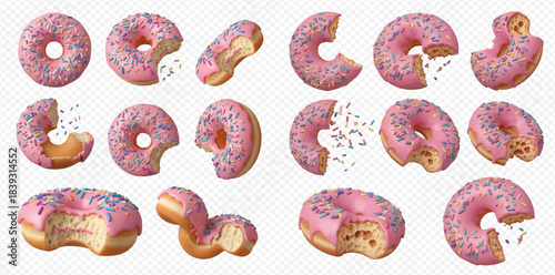 Set of delicious pink glazed donuts with colorful sprinkles, whole and bitten, isolated on transparent background.
