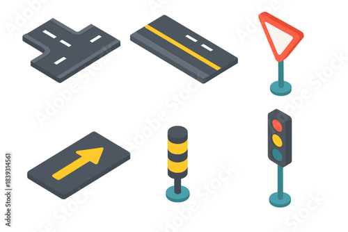Isometric Roadway Icons. Roadway Elements isometric flat set: junction marker, median strip, yield sign, signal pole, pavement arrow, bollard post.