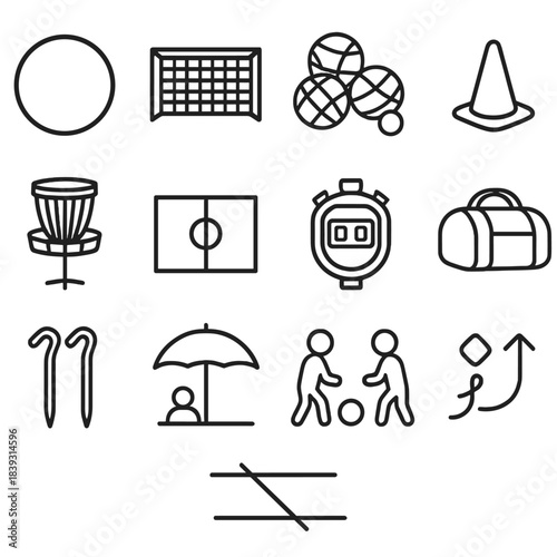 Multi-Sport Equipment Icons. Multi-Sport Recreation Set linear set: dodgeball, handball goal, bocce balls, touch rugby marker, disc golf basket, chalk field lines, sports timer,