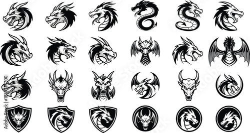 Dragon head illustrations, fantasy mythical creature designs, aggressive dragon emblems, black vector mascots, powerful beast artwork collection, legendary creature graphic set