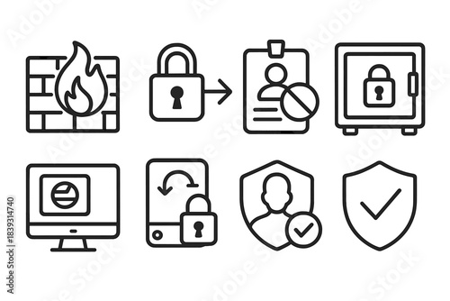 Information Security Icons. Information Protection Framework linear set: data firewall bar, secure transfer arrow, restricted-access badge, personal data vault, privacy filter