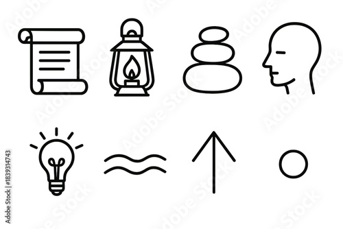 Symbolic Wisdom Icons. Timeless Knowledge linear set: ancient scroll shape, warm lantern, balanced pebble, thoughtful line, insight spark, gentle wave, guiding mark, reflective dot