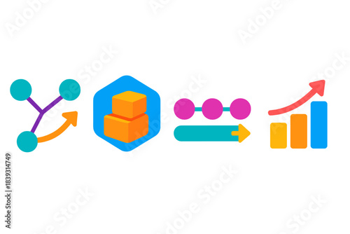 Supply Resilience Icons. Multi-Nodal Supply Resilience flat set: adaptive route node, buffered stock hub, continuity flow bar.