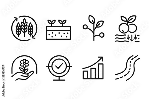 Sustainable Harvest Icons. Regenerative Yield Set linear set: cyclical harvest arrow, soil-rebuild tile, regrowth cluster node, nutrient return patch, habitat-safe picking icon,