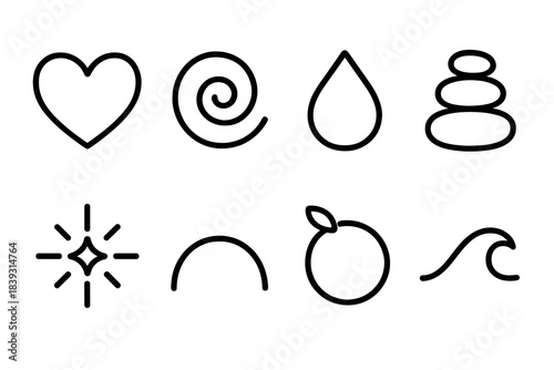 Symbols of Inner Peace. Inner Emotion linear set: tender heart, mellow swirl, expressive droplet, balanced pebble, warm spark, calm arc, mindful circle, serene wave.