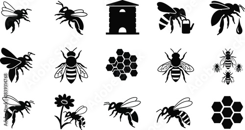 Collection of black and white bee icons and symbols