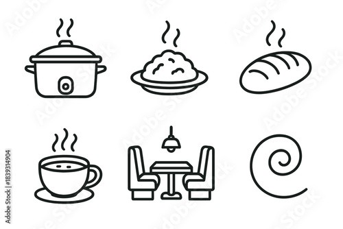 Cozy Culinary Icons. Nourishing Food Comforts linear set: slow-cooked pot, hearty portion icon, warm bread loaf, soothing broth cup, cozy dining nook, comfort vibe swirl.