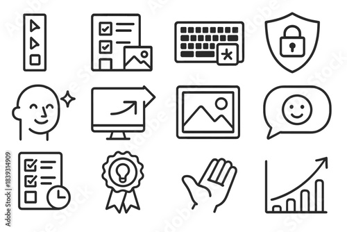 Skill Growth Icons. Digital Skill Growth linear set: basic tool panel, step-by-step guide sheet, keyboard shortcut hint, safe browsing shield, confidence spark, guided learning