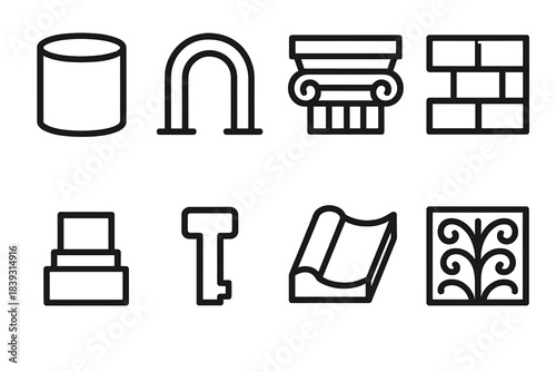Ancient Architectural Elements. Ancient Building Features linear set: column drum, arched gateway, carved cornice, stone bond, plinth step, joint key, roof tile piece, wall carving