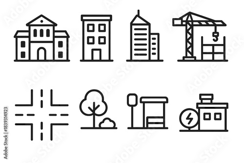 City Infrastructure Icons. City Building linear set: town hall, residential block, office tower, road grid, construction crane, park patch, transit stop, utility hub.