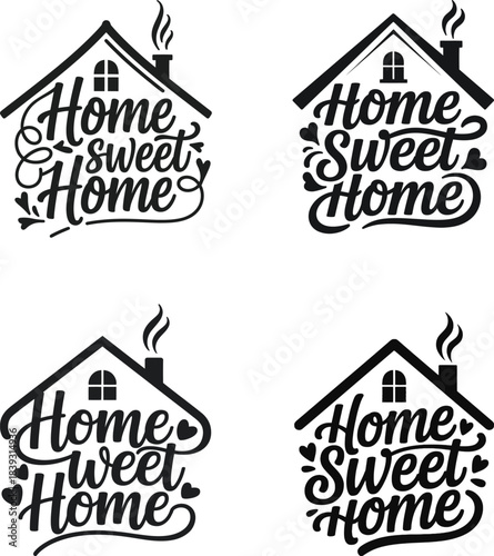 Four home sweet home lettering designs in house shapes