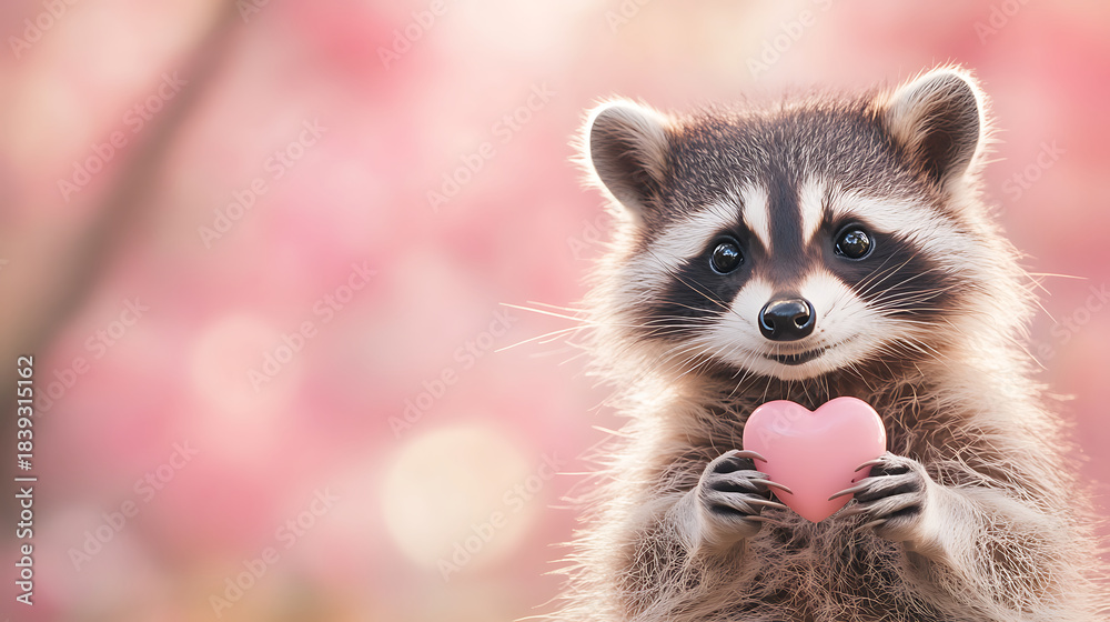 Obraz premium Raccoon holding a pink heart symbol, representing love, romance, Valentine's Day, affection, and cute animal companionship, with a soft pink bokeh background