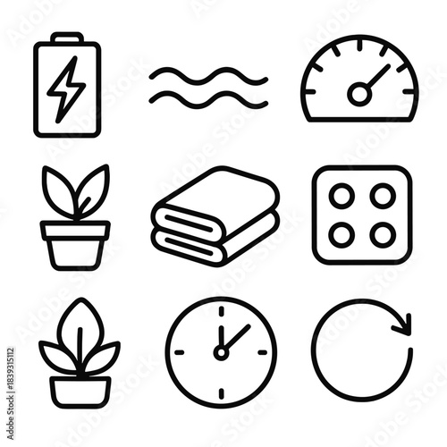 Energy Optimization Icons. Personal Energy Optimization linear set: recharge icon, calm wave, pace meter, task load token, restorative plant, cozy blanket, mindful clock, refresh