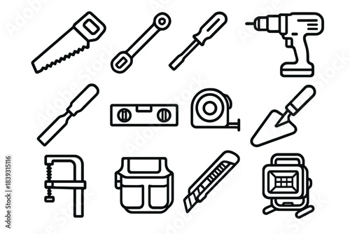 Building Tools Icons. Building Tools Set linear set: hand saw, socket wrench, Phillips driver, cordless drill, chisel, spirit level, tape measure, box cutter, brick trowel, clamp