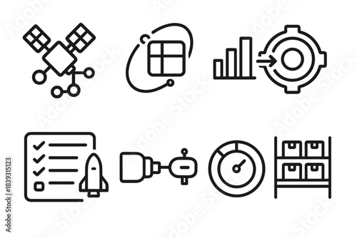 Orbital Resource Icons. Orbital Resource Management linear set: satellite inventory node, orbital depot tile, resource allocation bar, supply-transfer arrow, microgravity storage