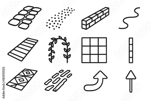 Pathway Icon Collection. Path & Layout Components linear set: stone slab trail, gravel strip, brick edge, meandering line, plank walkway, vine archway, plot grid, divider strip,
