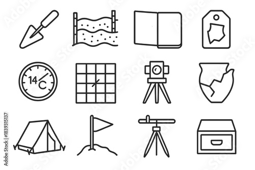 Archaeological Icons Collection. Archaeological Inquiry linear set: dig site trowel, soil strata layers, measurement stakes, field notebook, artifact tag, carbon dating icon,