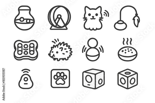 Pet Toy Icons. Pet Engagement Devices linear set: wobble feeder, chase wheel, motion-activated plush, rotating teaser, snack puzzle, sound-reactive toy, jumping ball, scent-release