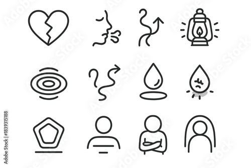 Icons of Insecurity. Emotional Insecurity linear set: fragile heart, shaky breath icon, soft lantern, tense ripple, uncertain path, reflective droplet, shrinking shape, gentle