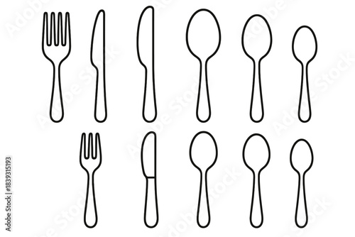 Minimalist Cutlery Icons. Table Cutlery linear set: dinner fork, dinner knife, tablespoon, teaspoon, salad fork, butter knife, soup spoon, dessert spoon.