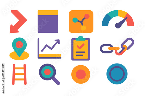 Strategic Risk Icons. Strategic Risk Evaluation flat set: threat indicator arrow, resilience buffer block, scenario mapping tile, criticality gauge, weak-point pin, trend deviation