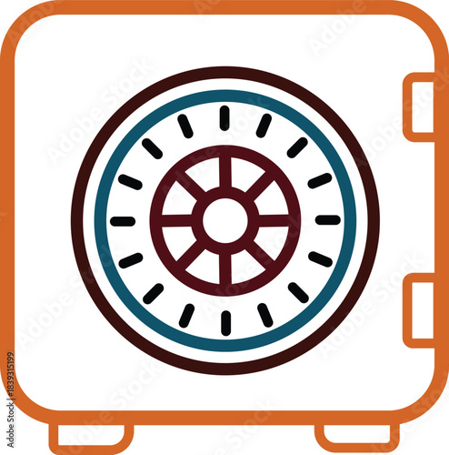 Secure metal strongbox with a classic combination dial mechanism featuring abstract markings and a bold outline ideal for financial security concepts and digital interface elements