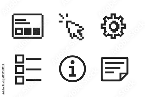 Pixel Art Icons. Digital Instruction pixel style set: interface card, cursor arrow, pop-up hint, settings gear, step-by-step panel, info icon, guide bar, digital note.