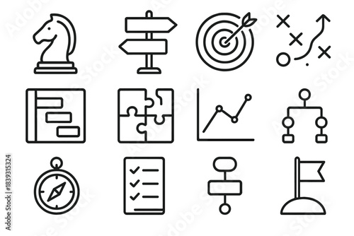 Strategic Planning Icons. Strategic Planning linear set: chess knight, roadmap sign, target board, strategy arrows, gantt chart, puzzle piece, analytics graph, decision tree,