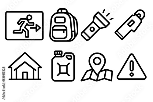 Evacuation Icons Collection. Evacuation during natural disasters set linear set: evacuation route sign, go-bag, flashlight, emergency whistle, shelter icon, water jug, map marker,