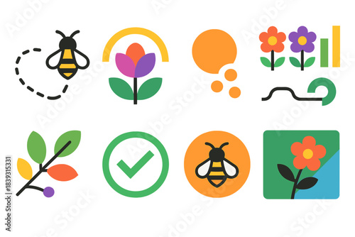 Pollinator Ecosystem Icons. Pollinator Ecosystem Signals flat set: bee flight path, bloom-timing arc, pollen-load icon, floral richness bar, habitat connectivity line, low-toxin
