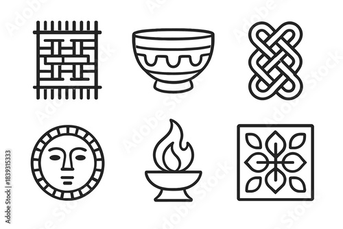 Cultural Icon Array. Tradition linear set: woven textile, heritage bowl, ceremonial knot, carved token, ritual flame, classic pattern tile.