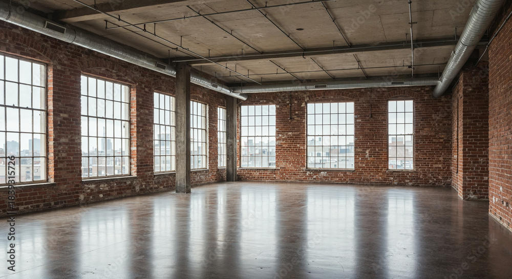 Fototapeta premium Wide, bright loft interior with glossy concrete and open space.