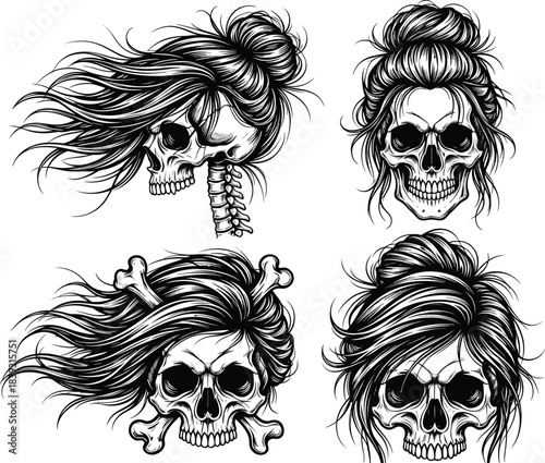 Female skull illustration, gothic tattoo design, spooky skeleton art, messy hair skulls, horror aesthetic graphic, dark detailed line drawing collection set