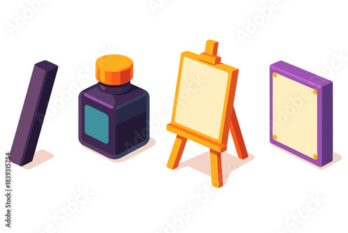 Creative Art Essentials. Studio Art Tools flat isometric set: charcoal stick, ink bottle, canvas board.