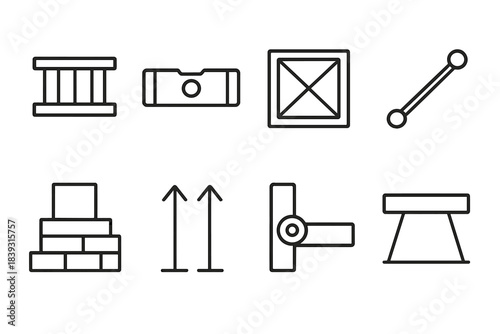 Structural Stability Symbols. Structural Stability Symbols linear set: reinforced beam, level marker, solid frame, brace bar, foundation block, aligned arrows, secure joint, steady