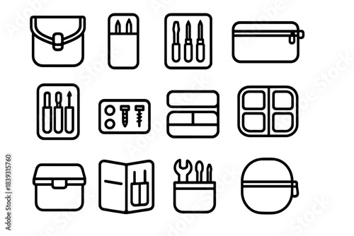 Compact Tool Organizers. Micro-Tool Carriers Set linear set: compact tool pouch, mini pocket sleeve, precision slot panel, micro-zip case, elastic tool loop, magnetic parts strip,