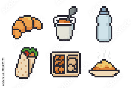 On-the-Go Meals. On-the-move meals pixel style set: handheld pastry, protein cup, sip bottle, compact wrap, snack tray, quick meal symbol.