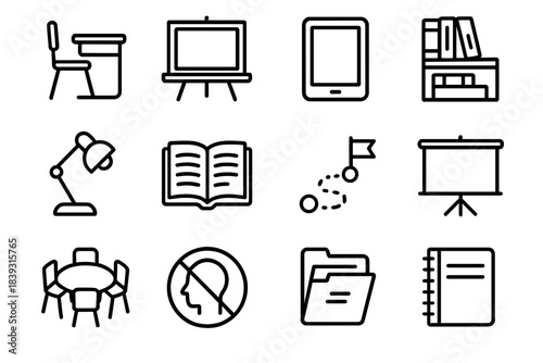 Educational Tools Icons. Learning Environments Set linear set: classroom desk, chalkboard, digital tablet, bookshelf, study lamp, open textbook, learning pathway icon, projector
